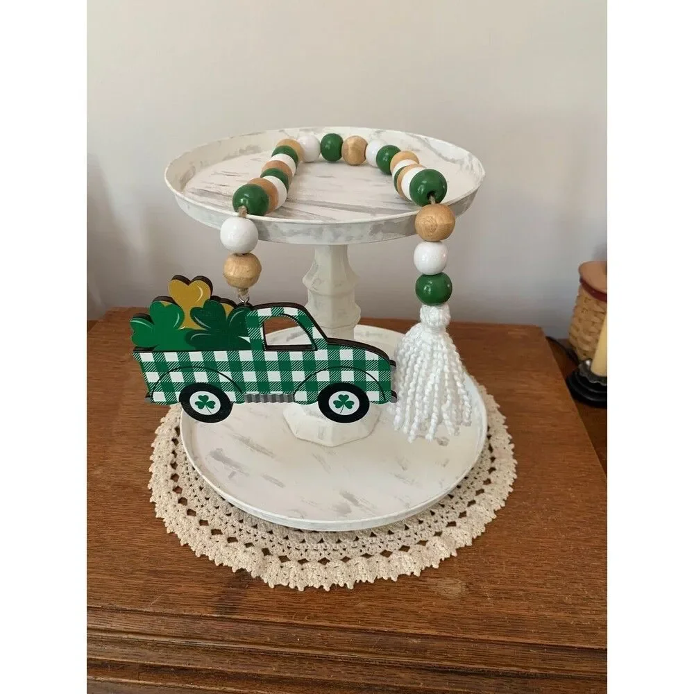 St Patrick’s Day Truck Tiered Tray Decor, St Patrick’s Day Beaded Garland Truck